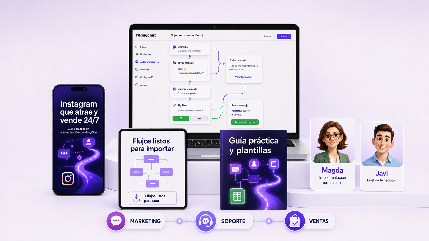 Mockup del curso: laptop con ManyChat, teléfono y guía práctica