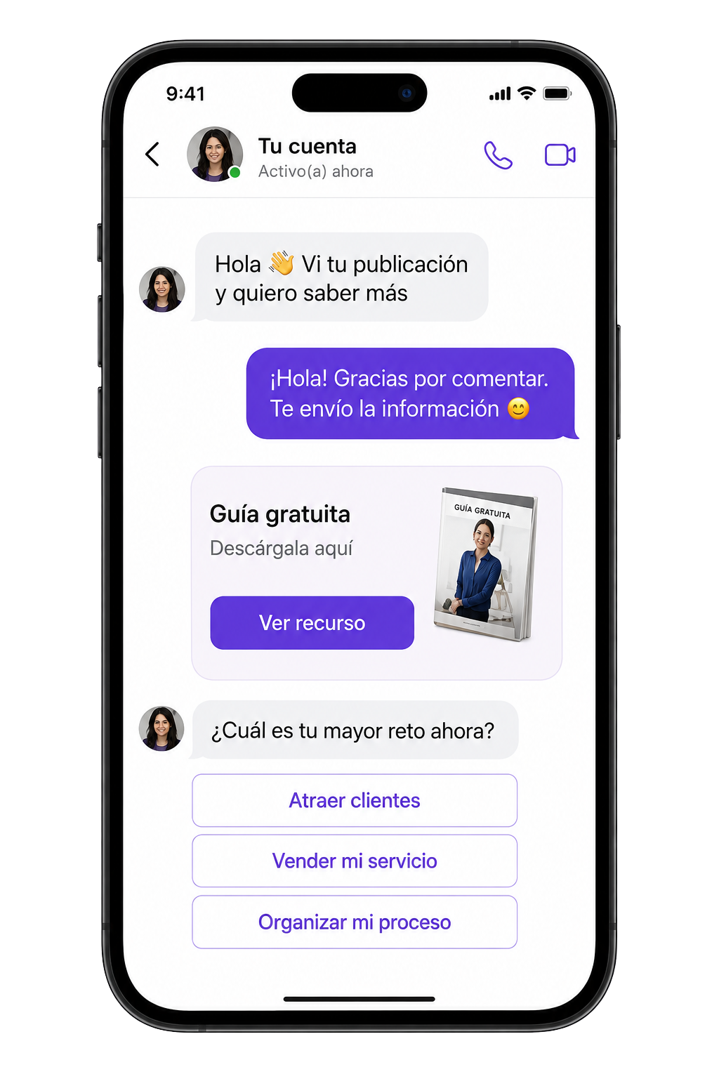Conversación automatizada dentro de Instagram con recurso y botones de respuesta